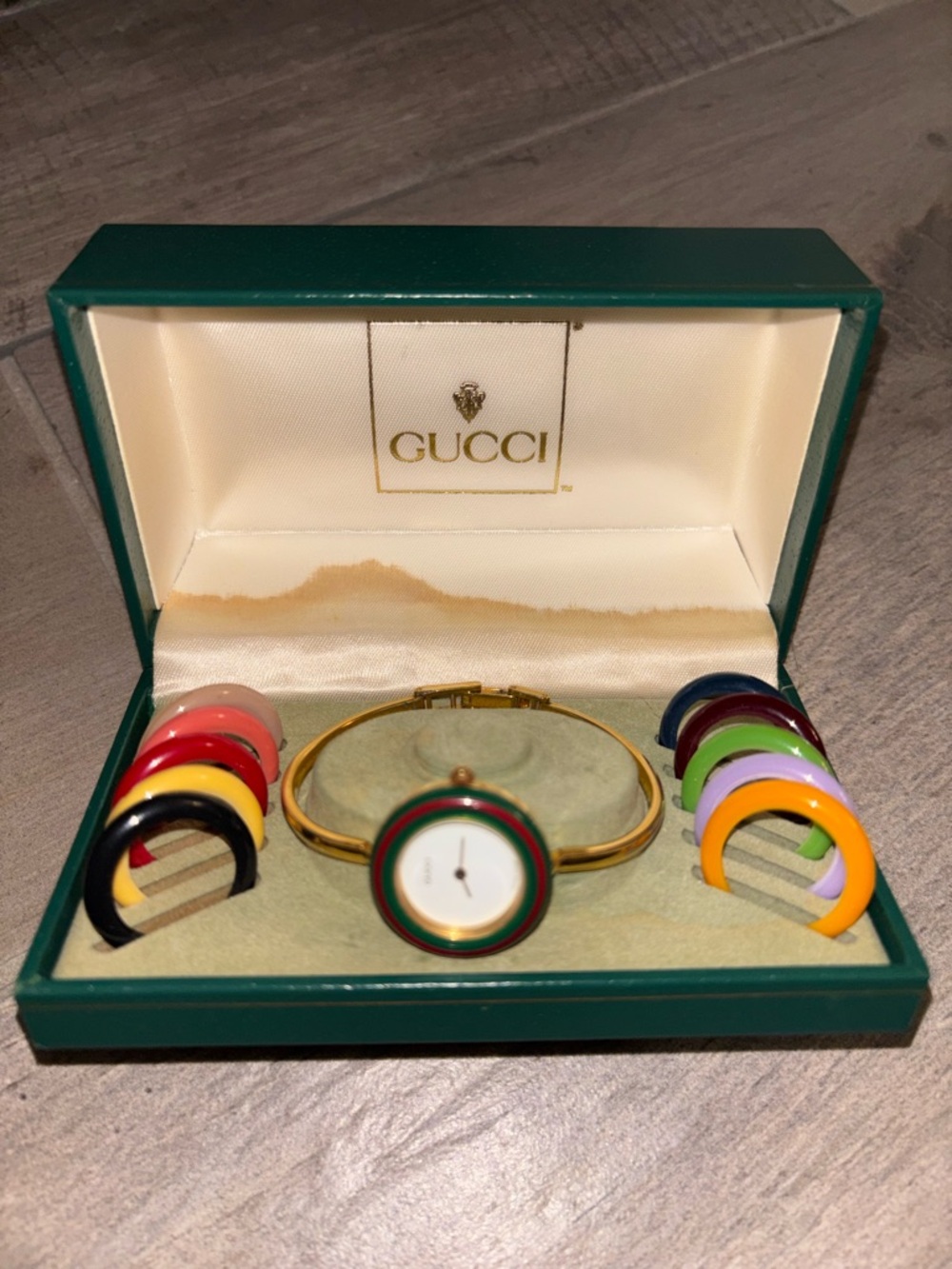 Vintage Gucci Gold Bangle Watch with multicolored faces -original box